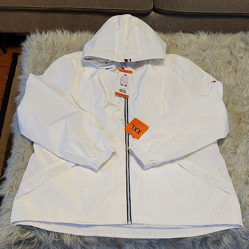Tommy Hilfiger Women's White Hooded Rain Windbreaker Jacket Coat-  Size XXL